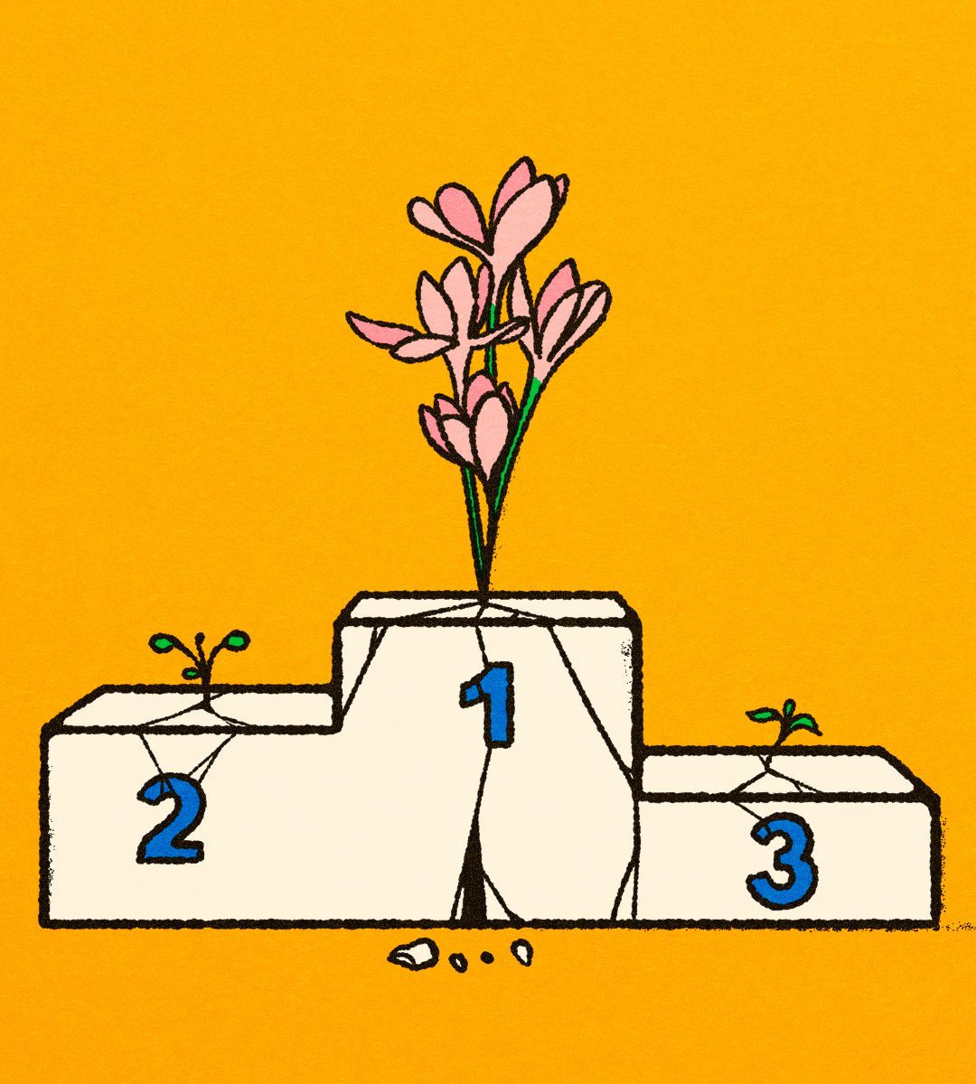 Flowers growing out of first place in a cracked podium.