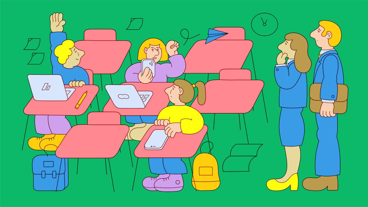 Two standing teachers looking at disruptive children sitting at their desks