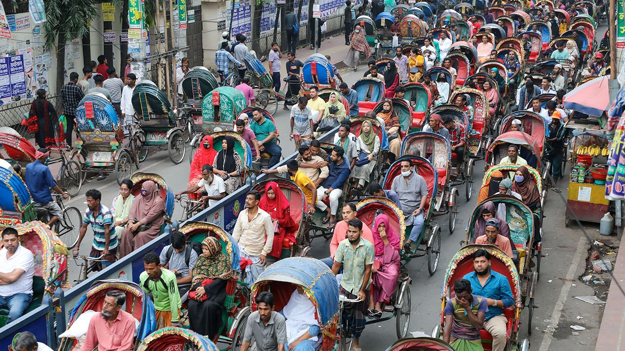 Hundreds of rickshaws are stuck in a traffic jam in Dhaka, Bangladesh.