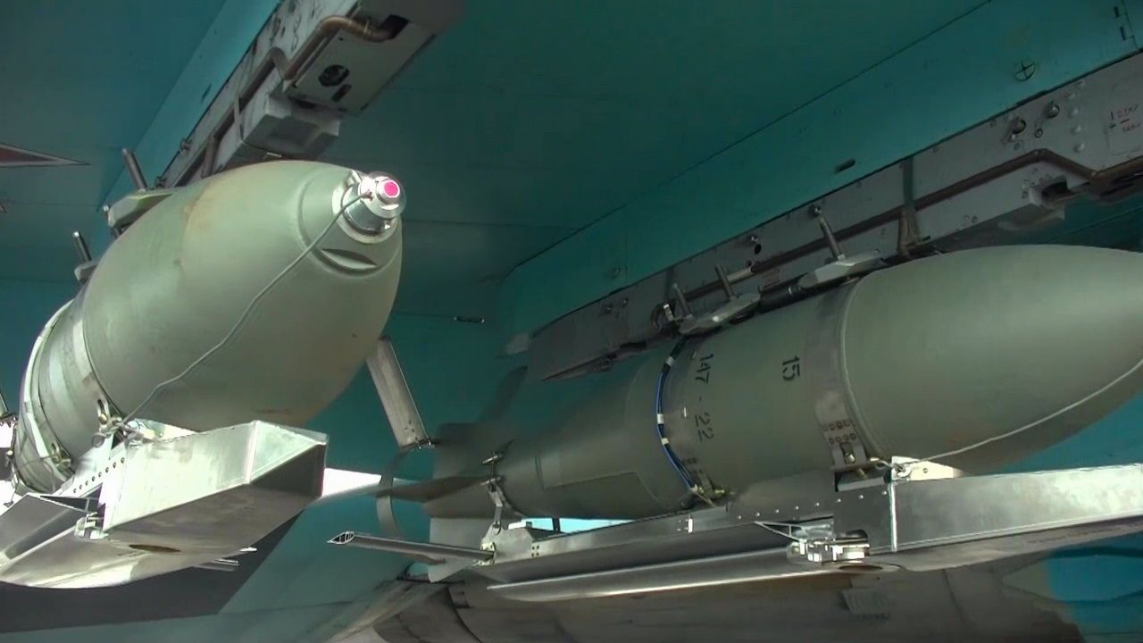 The Russian Su-34 bomber aircraft and FAB-500 bombs equipped with high-precision guidance is seen before take off