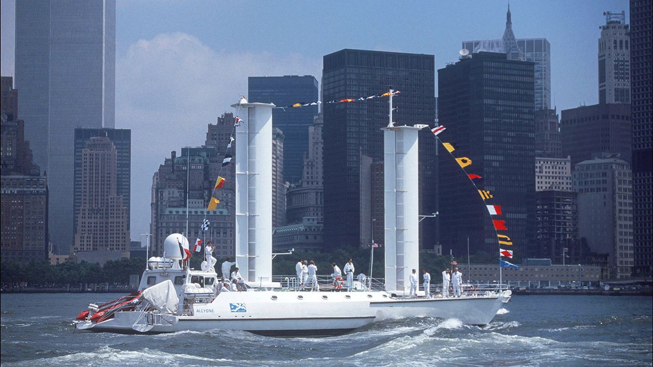 Jacques Cousteau's wind-powered Alcyone arrives in New York harbor, New York, New York, June 17, 1985.