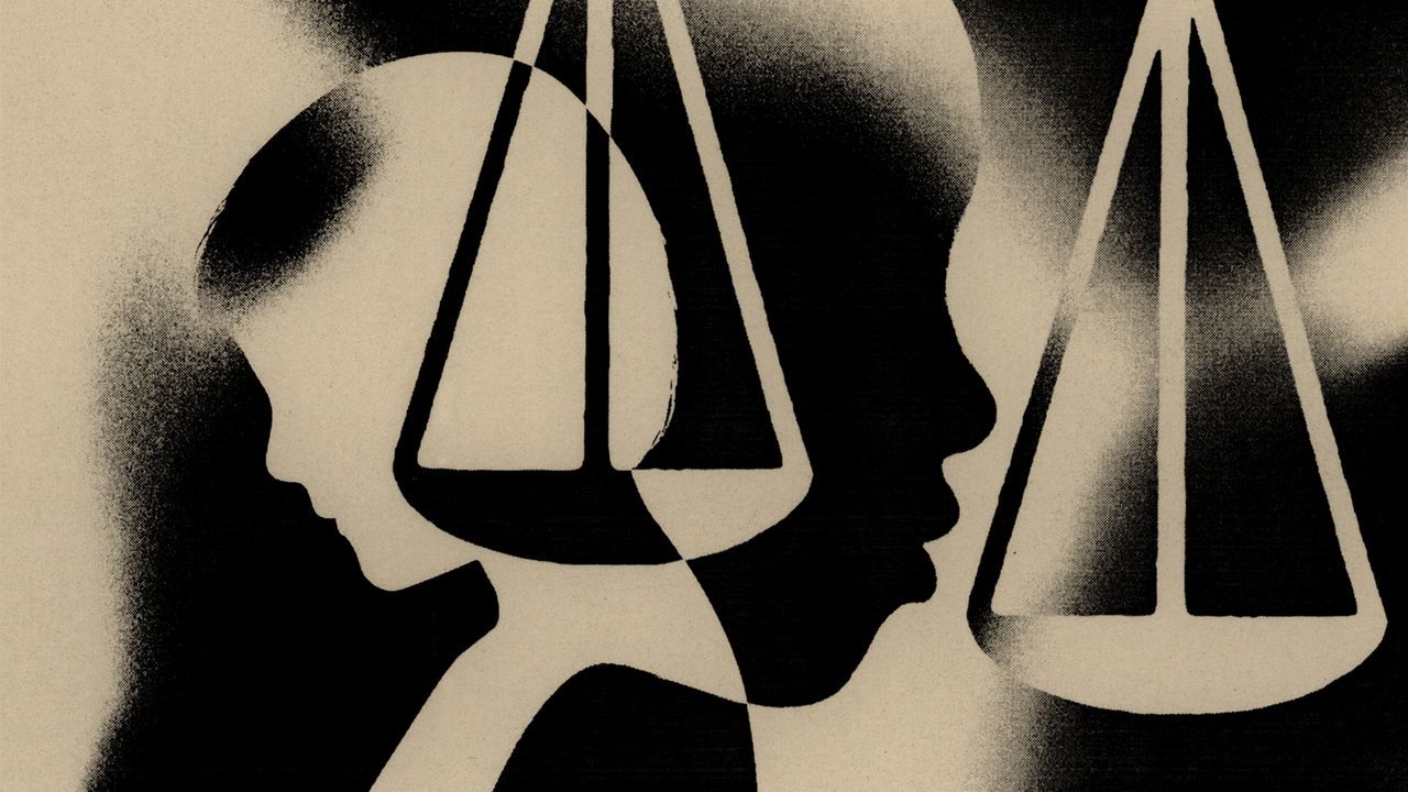 Illustration of two profile figures with weighig scales around them.