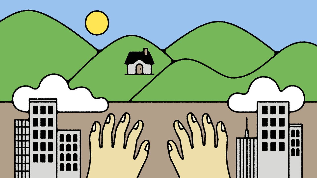 Hands from a city reaching towards the highlands in an attempt to control it.