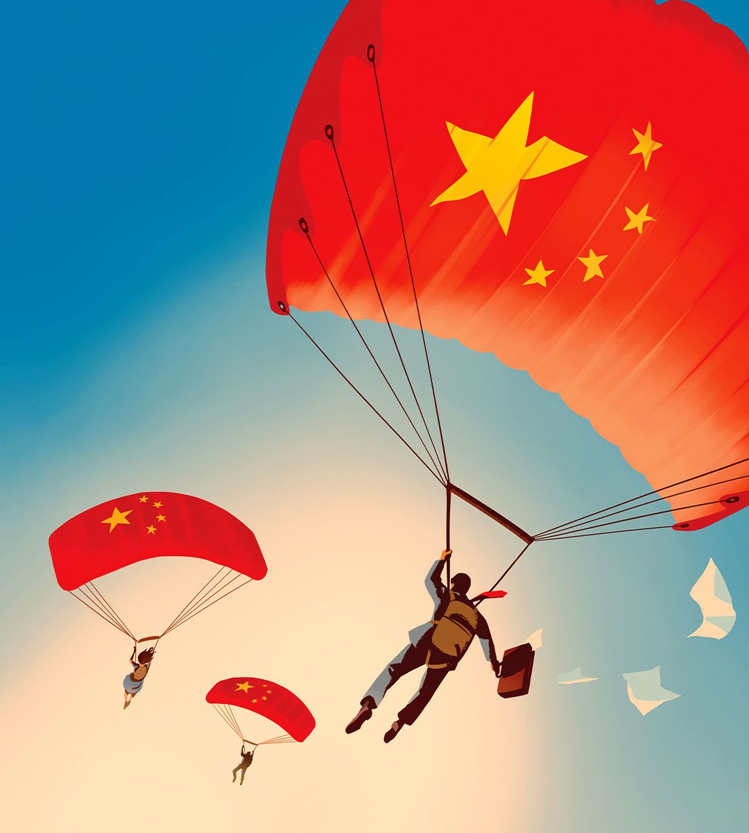 Businesspeople parachuting from the sky with the Chinese flag