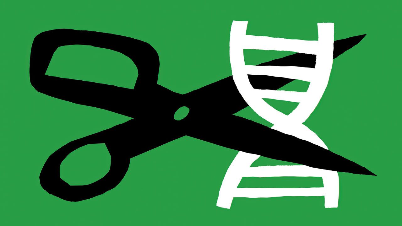 Illustration of a pair of scissors cutting into a section of DNA