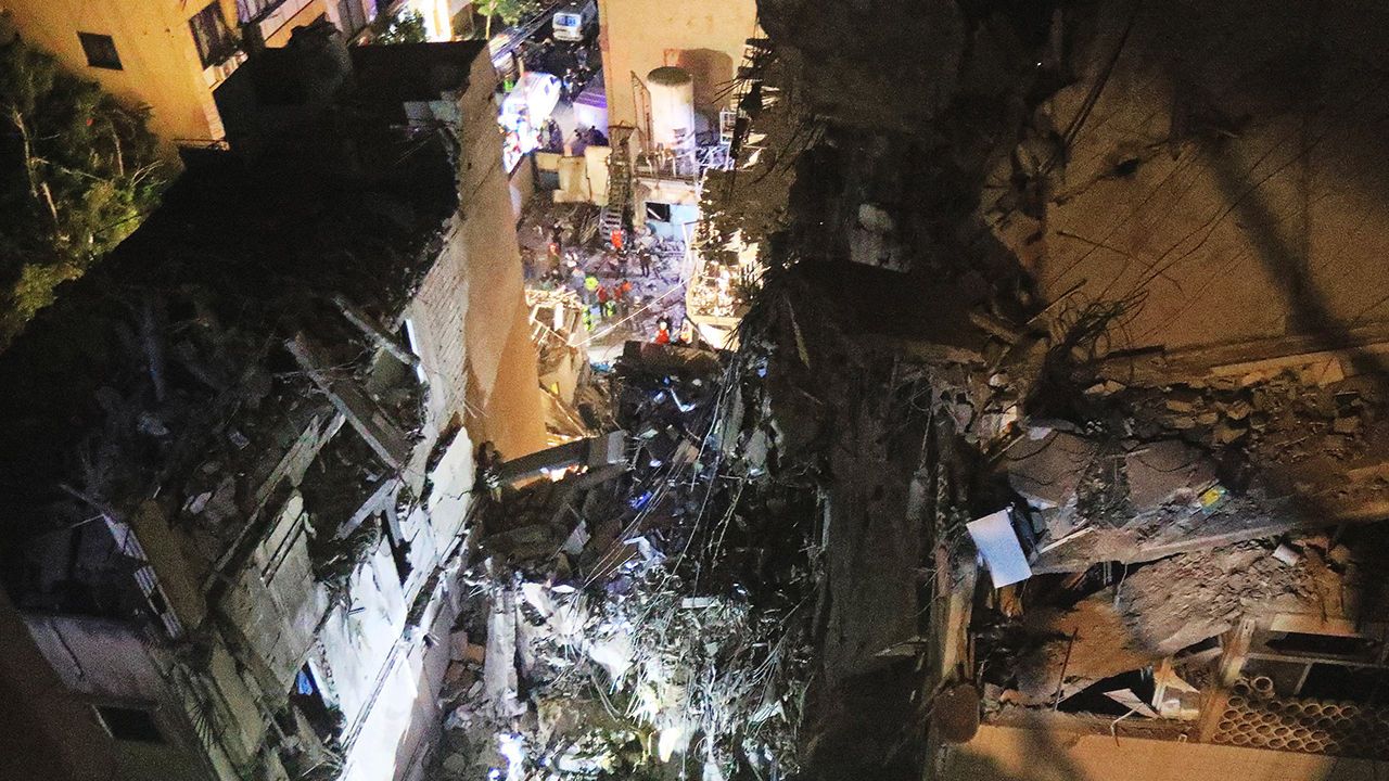 A destroyed building following an Israel military strike in Beirut, Lebanon