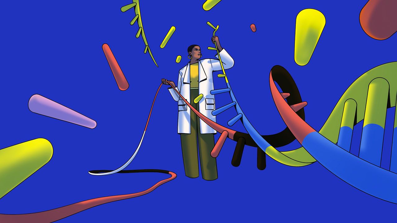 An illustration of a scientist pulling apart an oversized strand of DNA with bits of it flying in the air.