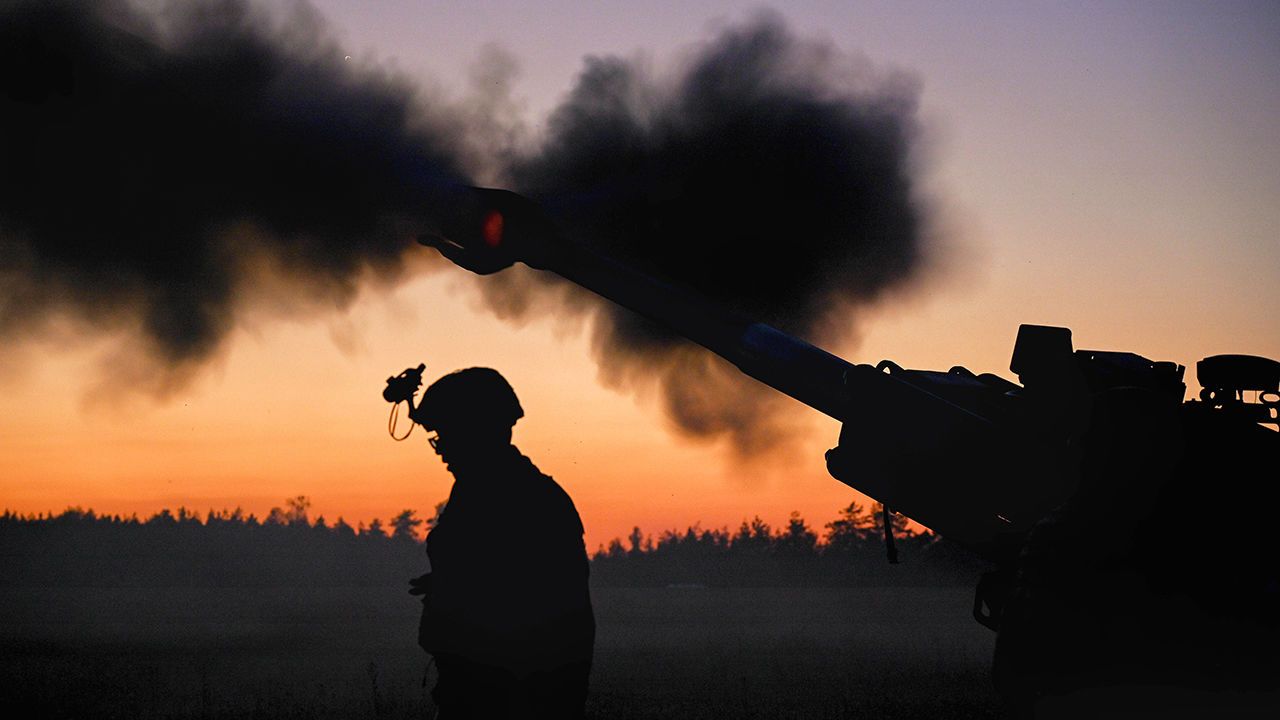 A US Army soldier stands near a tank in Trenton, New Jersey, January 14th 2024