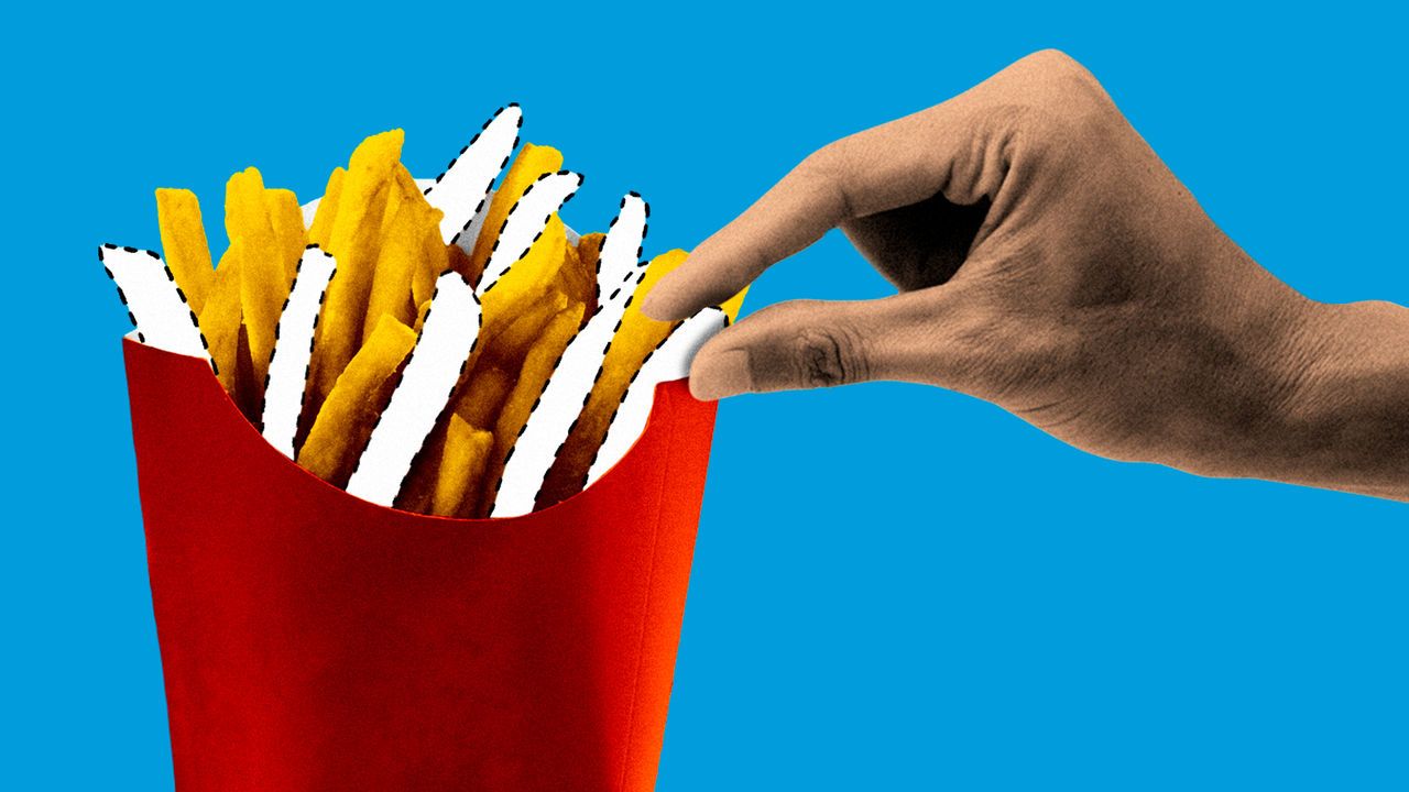 A collage illustration of a portion of fries. Some of the fries have been removed and leave blank spaces with dotted outlines. A hand reaches out about to take one of the blank spaces.