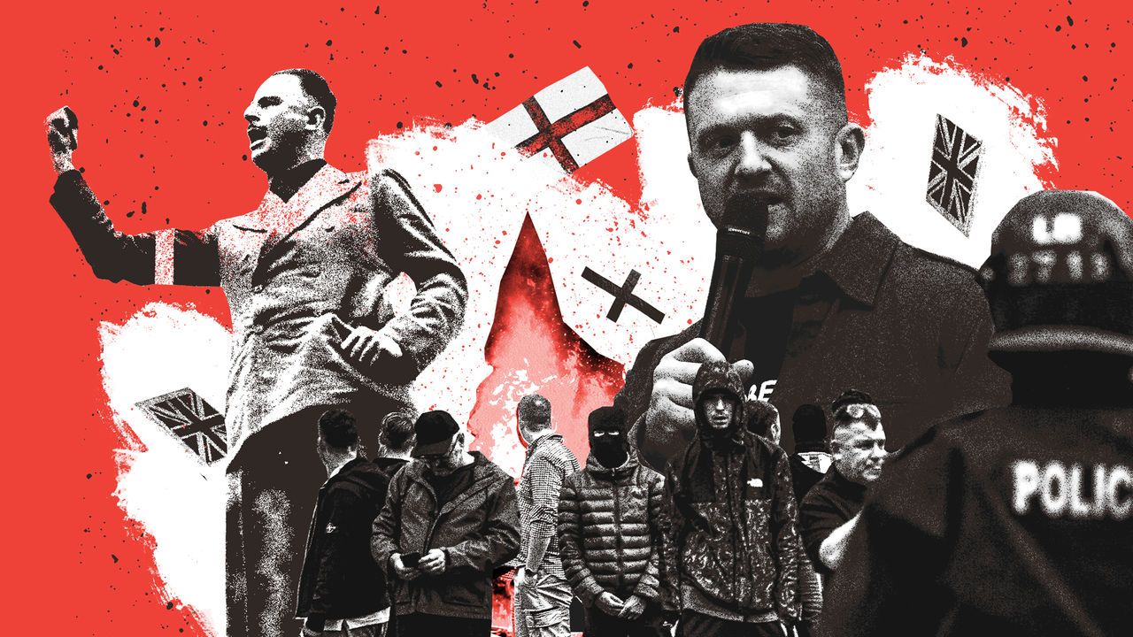 collage in red, white, and black showing Oswald Mosley, leader of the British Union of Fascists, giving a Nazi salute on the left. On the right, Tommy Robinson speaks into a microphone. In the center, a group of people in hooded jackets and masks stand together. Background includes flags and splashes of red, with a police officer partially visible on the right.